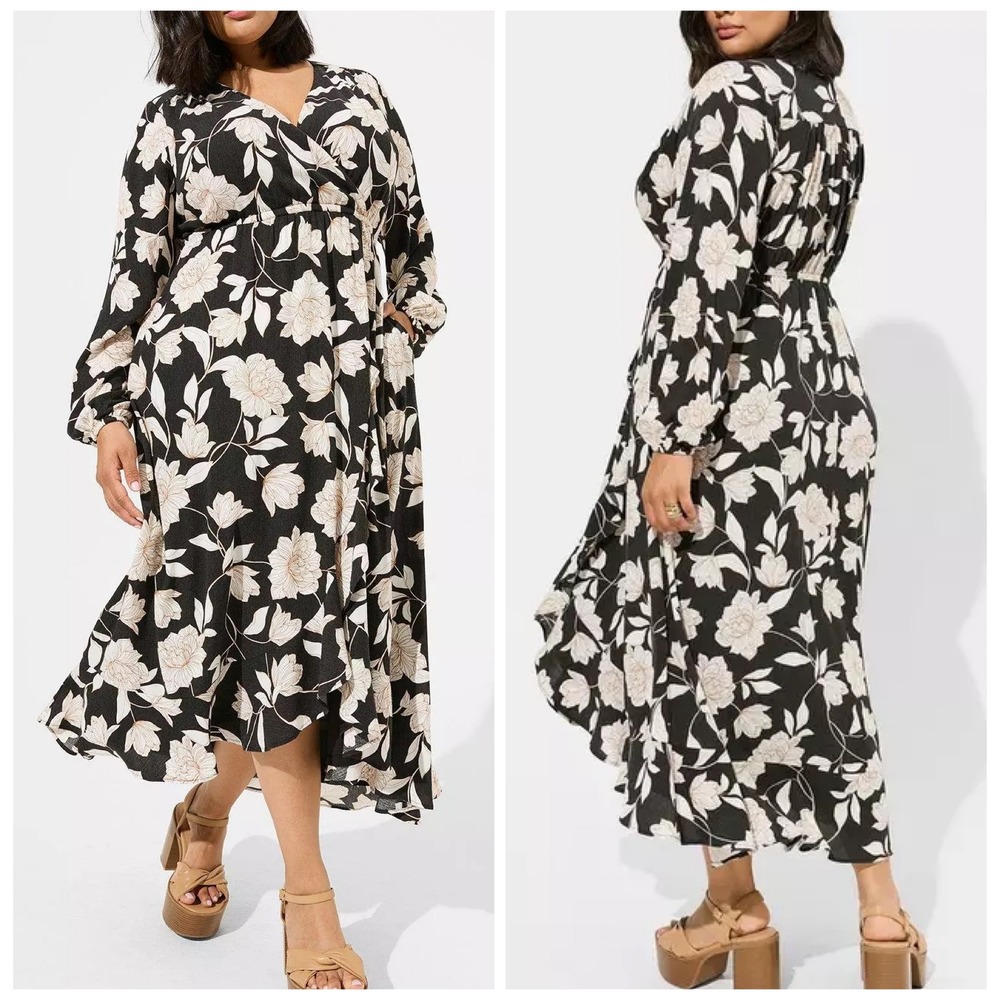 Torrid Crinkle Gauze Black Floral Print Ruffle Faux Wrap Maxi Dress Size 1X